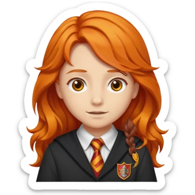 A iphone emoji with long wavy fierce orange hair and hazel eyes, wearing Gryffindor school uniform sticker