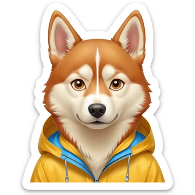 cute, disney-style red siberian husky with blue eyes, wearing a yellow rain jacket sticker