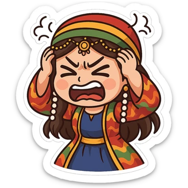 Cartoon sticker of a Kurdish woman wearing traditional colorful and cheerful Kurdish female clothing, face showing anger and rage, both hands on the head as a sign of severe distress or anger, no shadow or color halo around the image, no text, suitable for WhatsApp and Instagram, with a completely transparent background. sticker