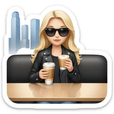 blonde woman with long hair, in black sunglasses, holding a latte in her hand, in jeans and a black leather jacket sticker