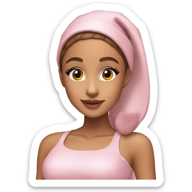 Ariana grande in a light pink christmas outfit wearing a light pink christmas hat sticker