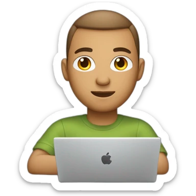 software engineer (white male, brown buzz cut hair, white gold earrings) in front of laptop, apple-style sticker