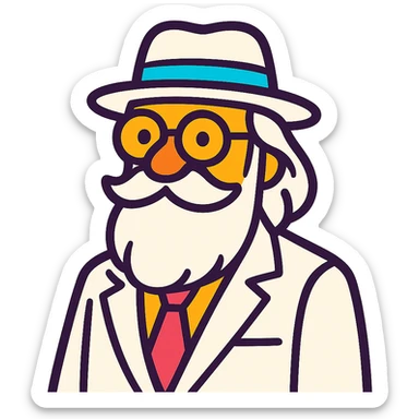 old man with a white hat, long white beard, white moustache, round glasses, white suit, white longish hair, vibrant toon style sticker
