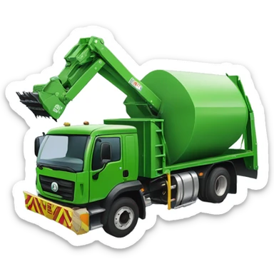 Green mobile compaction truck with a large, extendable arm that comes of the back and has a spiked round drum used to crush trash in an open-top dumster sticker