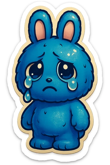 Change the blue bunny character's face to a sad, teary-eyed expression, keeping the style and quality the same. sticker