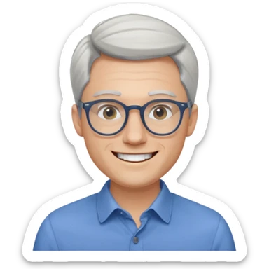 30 yr old pale white man, white/grey side swept stylish hair, round glasses, big smile, white teeth, handsome, longer hair, thin glasses, blue dress shirt sticker