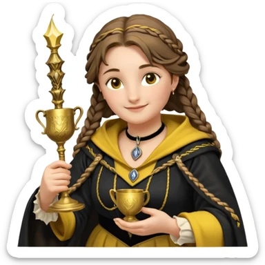 Helga Hufflepuff,the Hogwarts founder of Hufflepuff,brown-haired,2braids,yellow-black medieval dress with black cloak decorated with gold braiding,flickering magic wand and tiny two-handled shiny gold cup engraved with the badger silhouette,very kind smile,curvy busty sweet sticker