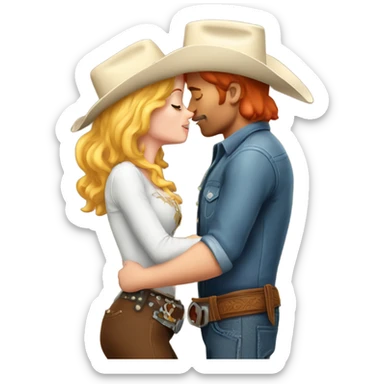 Red head cowboy kissing a blonde cowgirl sticker