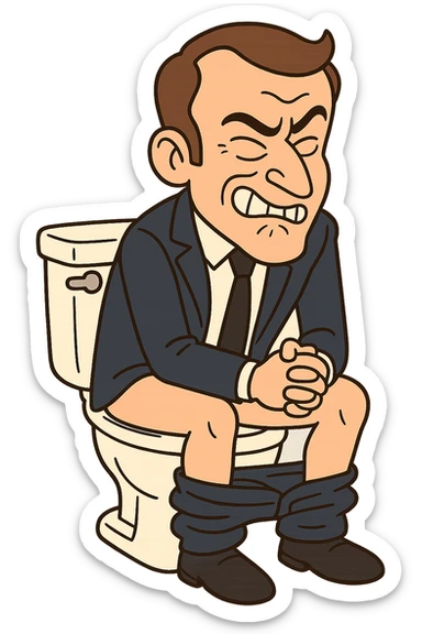 cartoon character of Emmanuel Macron sitting on a toilet, making a funny face, humorous and lighthearted style, no explicit details, suitable for all audiences sticker