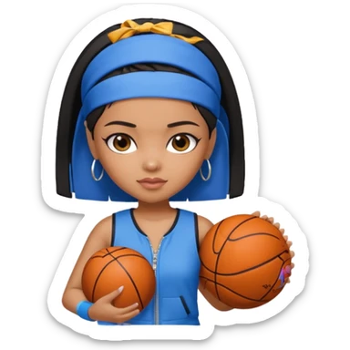 generate a pretty bratz that looks like Kajol.
 Wearing a blue zipper with short black bob cut hair and a matching blue headband. Carrying a basketball sticker