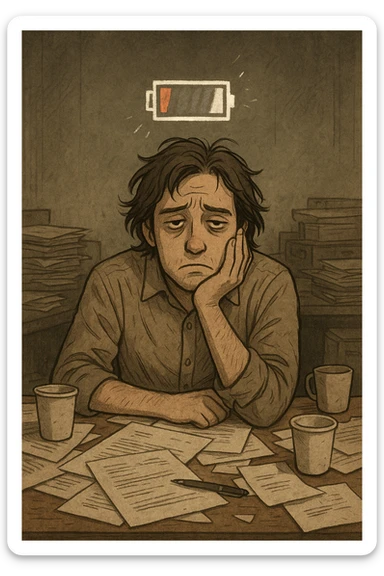 A tired person with a drained expression, a flickering battery icon above their head, and a messy workspace, representing burnout. sticker