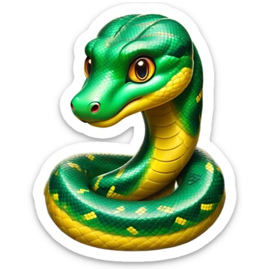 Cinematic Cute Anaconda Portrait Emoji, Head tilted playfully and inquisitively, with a sleek, shimmering body adorned with detailed scale patterns and round, sparkling eyes full of wonder, Simplified yet irresistibly adorable features, highly detailed, glowing with a warm, friendly jungle glow, high shine, affectionate and lively, stylized with a touch of whimsical reptilian charm, soft glowing outline, capturing the essence of a mischievous serpent that feels like it could slither out of the screen into your arms! sticker