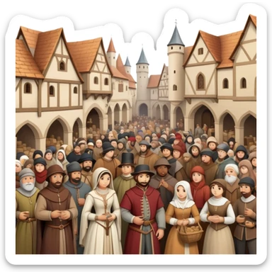 Medieval town crowd scene with many people together, mix of wealthy merchants and common townspeople gathered in a marketplace sticker