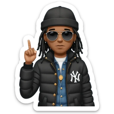 African American man with shoulder length black dreadlocks wearing black sunglasses with black bubble winter coat wearing a New York Yankees baseball hat wearing denim skinny jeans and timberland boots with finger pointing to his head sticker