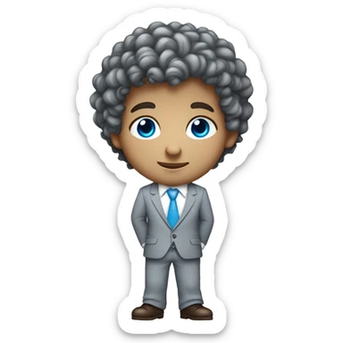 Little young  gentleman wearing a grey suit with white shirt and baby blue tie with blue eyes , white  skin and brown curly hair and full body . Wearing a watch  sticker