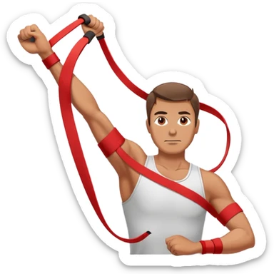 A man doing physiotherapy exercises, stretching his arm with a resistance band sticker