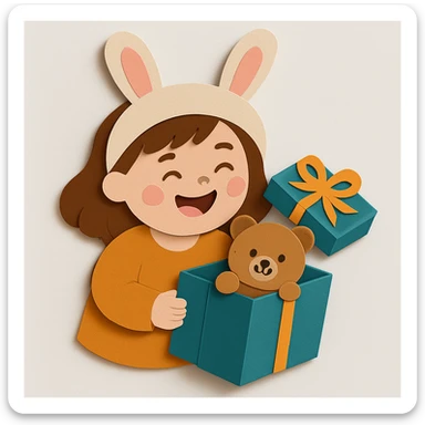 Edit the teddy bear inside the gift box to have a smiley, cutie face with a visually appealing appearance. Keep all other elements unchanged sticker