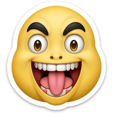 Freaky yellow face emoji smiling really big with huge tongue out and eyes wide open. Tongue should is wagging back and forth. Give him a full head of black hair sticker