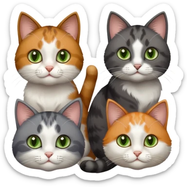 3 different coloured small cats including a dark grey and white, and a patchy calico with hazel eyes and a completely solid dark grey with green eyes and only white paws sticker