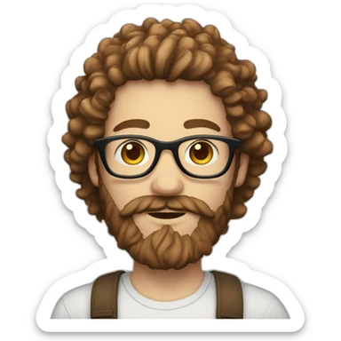 man white-skinned with long brown hipster  beard and curly hair and glasses sticker