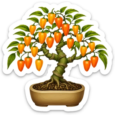 Very Large decorative gnarled bonsai pepper plant with fourty minuscule round orange-yellow peppers on it  sticker