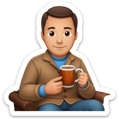 Cozy handsome 45 year old man sitting next to a nice fireplace with a hot apple cider, book, and plate of chocolate cookies. sticker