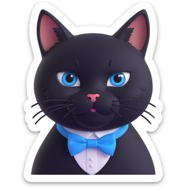 black cat wearing a blue bowtie collar, 3D style, realistic details, soft fur, expressive eyes sticker