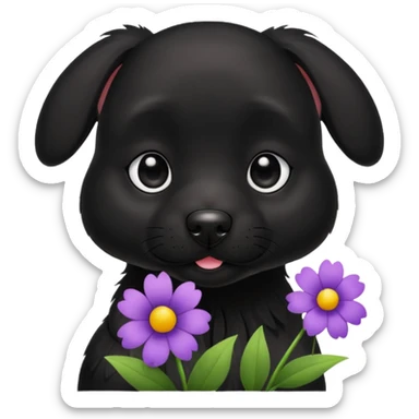 black dog holding flowers sticker