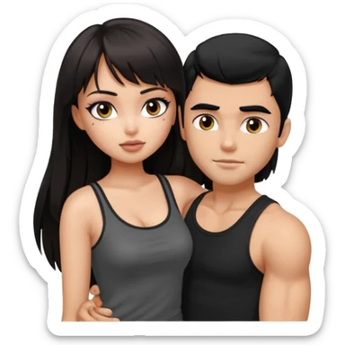 generate a pretty bratz girl in black cami top, dark brown straight long hair with bangs, eyeliner on, 

hugging a handsome muscular boy with black hair and a grey tshirt sticker
