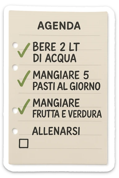 FOGLIO DI AGENDA CON SCRITTO:
BERE 2 LT DI ACQUA
MANGIARE 5 PASTI AL GIORNO
MANGIARE FRUTTA E VERDURA
ALLENARSI, 

METTI QUALCHE SPUNTA VERDE SULLE ATTIVITò CHE SONO GIà STATE SVOLTE, iperrealistico 4k sticker