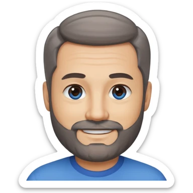 A middle-aged man with a medium black and gray beard, short dark hair cut to the scalp on the sides and combed back on top, blue eyes, smiling, medium skin tone sticker