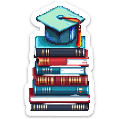 Terraria style pixel art stack of colorful books with a graduation cap on top sticker