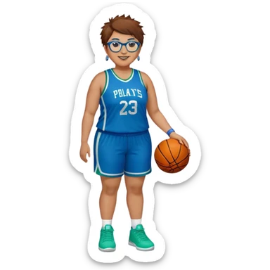 Full Body plus size white female basketball player with short medium brown hair with  spike hair wearing blue glasses 
With a pug wide nose wearing blue green uniform  green sneakers smiling wearing silver hoop earrings sticker