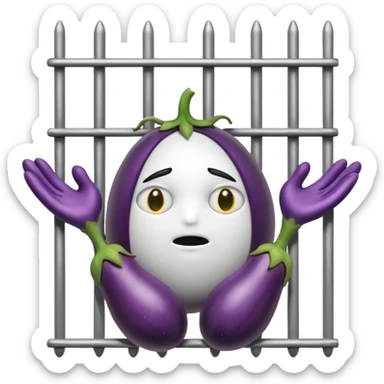 Smutna buźka z bakłażanami w miejscach oczu. Buźka jest za więziennymi kratami trzymając się ich rękami sticker