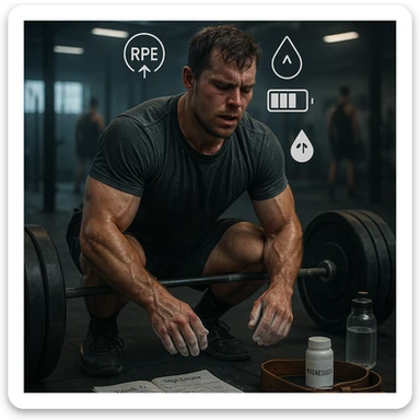 A muscular man in his early 30s, mid-workout in a gym, sweating heavily, expression showing fatigue and strain but still focused. He’s performing heavy barbell squats or deadlifts, with chalk-covered hands, and a visible training logbook nearby showing notes like 'Week 4 – High Volume'. Slight dark circles under his eyes, subtle red irritation around joints and tendons, symbolizing overuse. A water bottle, magnesium supplement, and lifting belt on the floor. Background: a real gym environment with other athletes, slightly blurred. Ambient lighting: cool tones with overhead gym lights. Optional floating icons showing high RPE, accumulated fatigue, cortisol levels slightly elevated. Style: cinematic realism, emotionally intense yet grounded in sports physiology. sticker