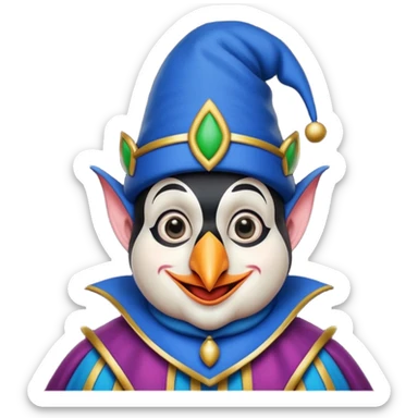 crazy funny colorful real penguin jolly joker, medieval, vintage, court jester, mac os icon, blue color sticker