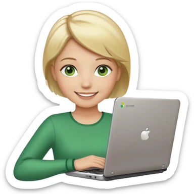 short blonde hair teacher green eyes woman happy holding chromebook sticker