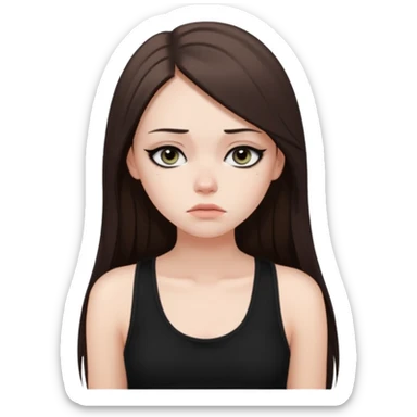 a fair girl with straight long brunette hair, black tank top, eyeliner on. Looking sad sticker