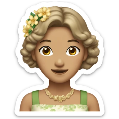 A woman of Asian appearance. Wheat-colored skin, waist length hair, golden brown, slightly curly, wavy look. The eyes were green, and then the hair wore a wreath, the earrings were flowers, and the dress was a white suspender. sticker