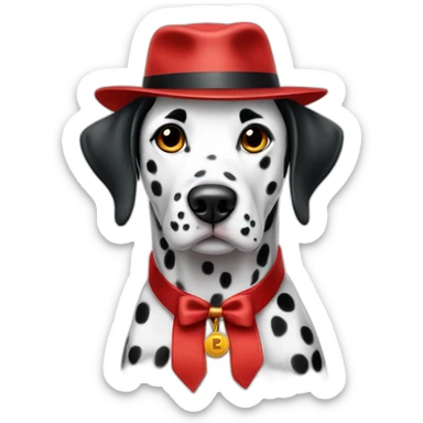 Dalmatian wearing a red fedora and collar sticker