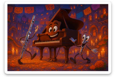 (Style film coco de pixar ) un piano au royaume des mort danse avec une flûte  sticker