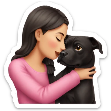 Brunette kissing big black pitbull dog, pink hearts sticker