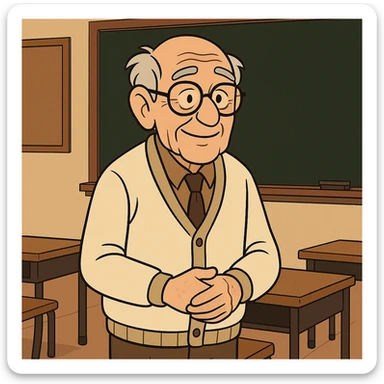 an old teacher, around 80 years old, wise and gentle, with glasses and gray hair, in a classroom, cartoon style sticker
