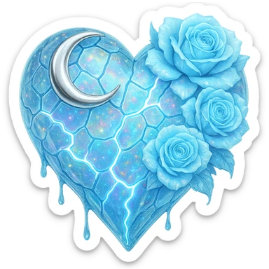Edit the gothic heart to use fractured light blue glass, a silver crescent moon, light blue roses, iridescent holographic stardust, neon lightning bolts, and a wet, shiny finish. Keep the background transparent. sticker