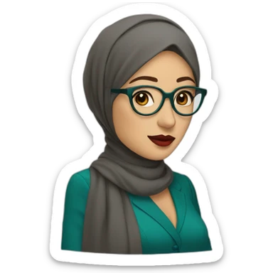 Hijabi white woman with glasses and brown eyes wearing a teal suit red lipstick sticker