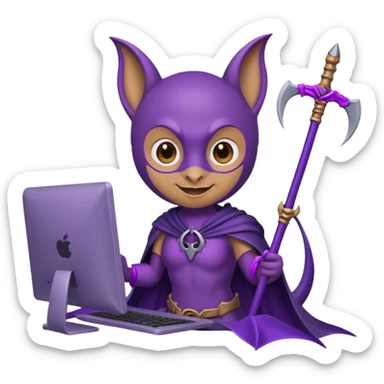 a happy purple bat holding a scythe while sitting in front of her computer sticker