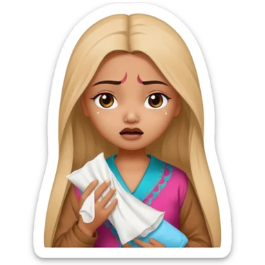 a pretty bratz fair indian girl wearing a brown pajamas, dark circles, crying, holding tissues sticker