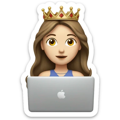 Pale white brunette girl on laptop wearing a crown with brown hair sticker