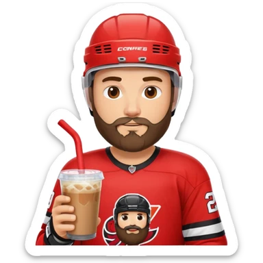 hockey player with a beard with iced coffee in red and black jersey wearing a hockey helmet  sticker