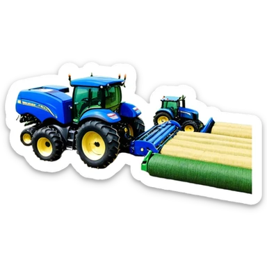 Baler – New Holland Roll-Belt 560 (2018) – Cinematic-realistic John Deere 6155M tractor towing a New Holland Roll-Belt 560 baler, its deep green body contrasting with the bright blue baler. The massive machine moves steadily through golden fields, compressing freshly cut hay into tight round bales, while dust swirls under the blazing afternoon sun. sticker